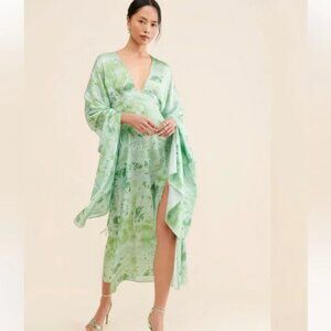 Anthropologie Let Me Be Midas Abstract Dress Green Flowy Boho Kimono Sleeve Gown